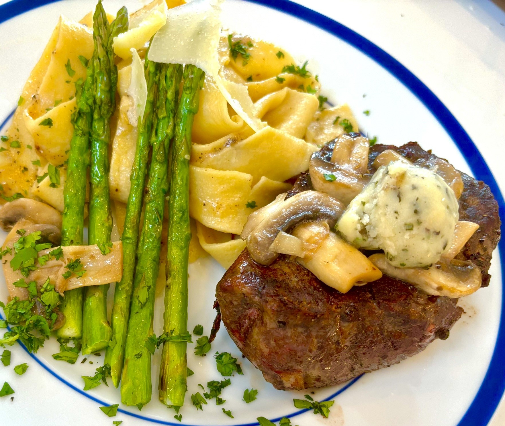 Explore one of the best in our repetoire; Filet Mignon w/ Herb infused butter, and sauteed Mushrooms